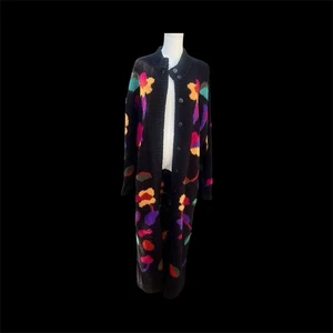 Vintage passender Bild Pullover Mantel Gr. 14/16 Maxi Knopfleiste schwarz bunt Blumen - Bild 1 von 6