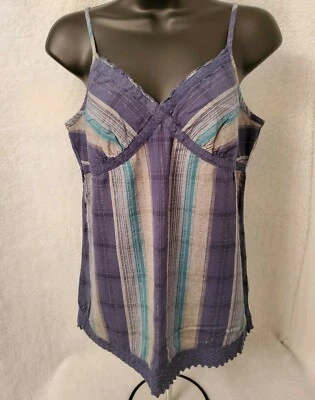 Faded Glory Womens Shirt Top Blouse Size M Medium 8/10 Blue Gold Striped - Image 1 of 4