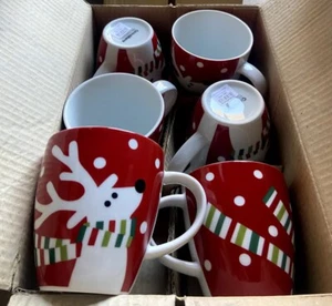 Crate & Barrel Reindeer w/ Scarf Mug or Cup set of 6 Brand New - Picture 1 of 4