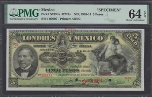 1909-1914 Mexico Banco de Londres 5 Pesos SPECIMEN S233ds PMG 64 EPQ - Picture 1 of 2