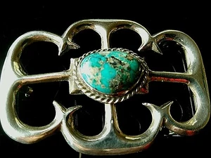 Vintage Estate Southwestern Sterling Silver & Turquoise Sandcast Belt Buckle - Picture 1 of 8
