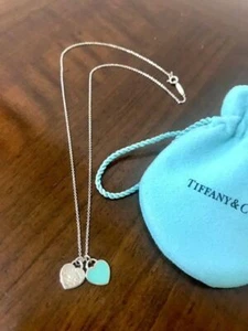 TIFFANY & Co. Return to Mini Doppel Herz Anhänger Halskette Emaille Blau GEBRAUCHT - Bild 1 von 6
