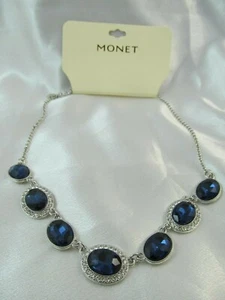 NWT MONET SILVER & "SAPPHIRE" BLUE & CLEAR CRYSTALS OVAL SHAPE NECKLACE - Picture 1 of 8