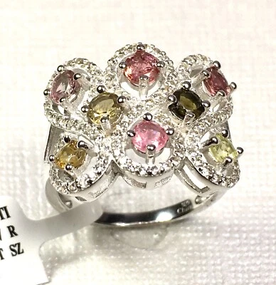 Nuevo con etiquetas Anillo de Turmalina y Circonitas Rodio Multicolor Sobre Plata de Ley Talla 9 Foto 1 de 4