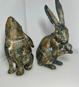 Vtg Moon Gazing Rabbit Patinated Cast Iron Japan 6” W/ Matching Bronze Rabbit 7” - Picture 1 of 16