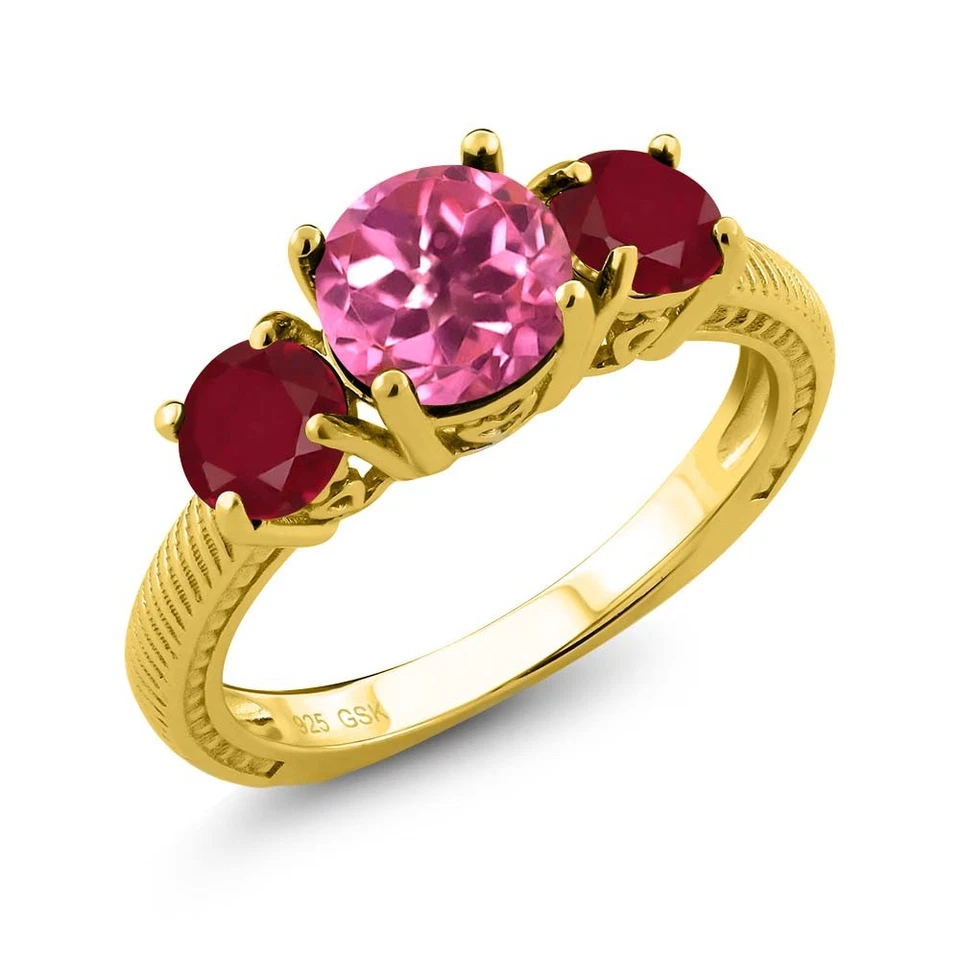 Anillo de plata chapado en oro amarillo de 18 quilates rubí rojo topacio místico rosa redondo de 2,40 quilates Foto 1 de 1