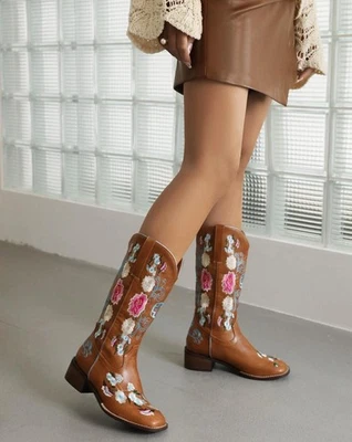 Botas de media pantorrilla punta cuadrada bordadas flores para mujer 6,5/37 vaquero Foto 1 de 4
