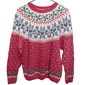 Vintage Sweater Womens Medium Country Classic Granny Cottagecore Fair Isle Pink - Picture 1 of 11