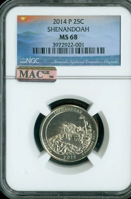 2014 P SHENANDOAH QUARTER NGC MS68 PQ MAC FINEST GRADE MAC SPOTLESS .  - Image 1 of 2