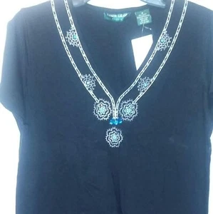 Black V neck Beaded & Embroidered T Shirt Size Medium by Lemon Grass Studio - Picture 1 of 3