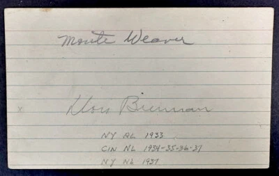 DON BRENNAN /Monte Weaver Autographed Signed Index Card 1933 Yankees Reds  d.53 - Image 1 of 2