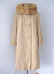 Vtg 50s 60s biscuit beige rockabilly coat mink fur collar spiral buttons L/XL - Picture 1 of 8