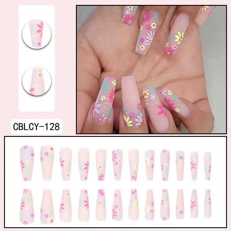 Handmade False Nail  Pink floral  French Coffin Medim Press on Nail for Manicure - Image 1 of 1