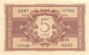 Italy 5 Lire D. 23.11.1944 Series 0267 Circulated Banknote HJ 15 - Picture 1 of 2