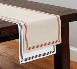 NWT Pottery Barn Embroidered Stripe Table Runner White Navy Blue - Picture 1 of 4