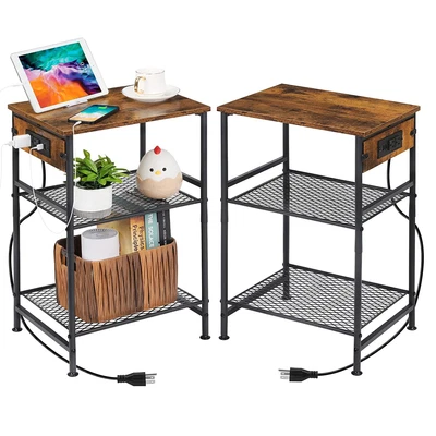 Set of 2 Nightstand with Charging Station, Mesh Shelves for Living Room, Bedroom - Image 1 of 4