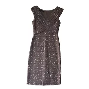 Liz Jordan Dress Size 10 Brown White Spot Stretch Layered V Neck Knee Length - Picture 1 of 10