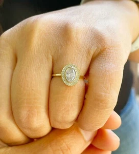 14K Yellow Gold Oval Moissanite And Round Cut Engagement Ring Halo Bezel 1.20ct - Picture 1 of 10