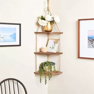 Hanging Corner Shelf 3 Tier Rustic Wood Floating Organizer Displays Storage Rack - Picture 1 of 12