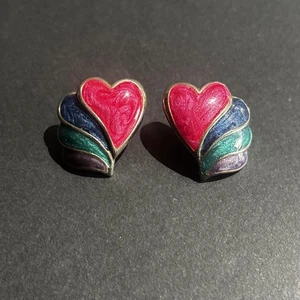 Lindo regalo aretes esmaltados corazón multicolor rojo azul verde púrpura - Imagen 1 de 8