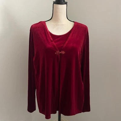 Red Velvet Vintage 80s Luxe Sweater Blouse Large Decorative Clasp Holiday Mature - Image 1 of 4