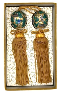 Japanese Vintage Kutani Ware Pottery Hanging Scroll Weights Fuchin Pair With Box - Picture 1 of 7