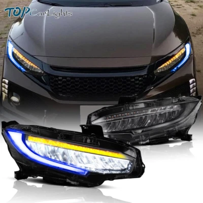 LED Headlights For 2016-2021 Honda Civic Blue DRL Sequential Signal Projector - Image 1 of 4