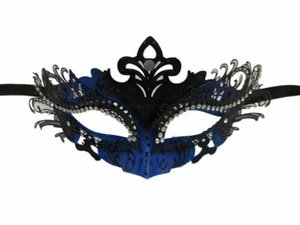 Blue Black Laser Cut Metal Filigree Venetian Mask Masquerade Rhinestone Gem - Picture 1 of 2