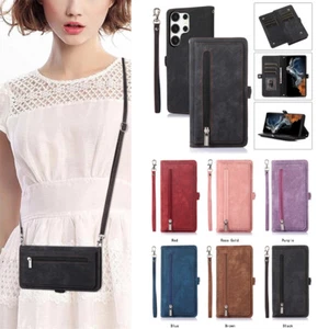 For Samsung S25Ultra S24 S22 S10 Leather Zipper Card Wallet Crossbody Phone Case - Picture 1 of 39