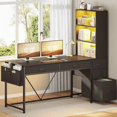 Computer Desk with 5 Drawers&Bookshelf, Reversible Home Office Desk w/LED Lights - Image 1 of 4