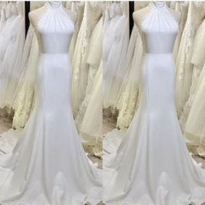 Halter Neck Wedding Dress Mermaid Chiffon Elegant Sweep Train Simple Bridal Gown - Picture 1 of 5