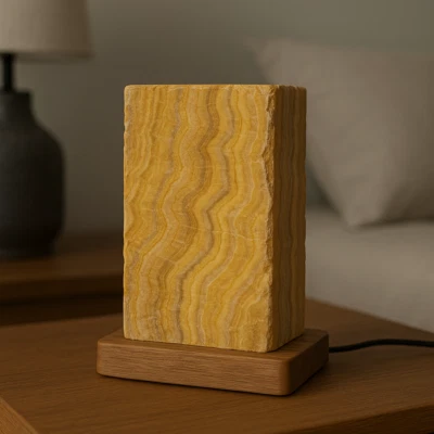Lámpara de madera de ágata petrificada amarilla | Impresionante lámpara de noche para mesita de noche de dormitorio Foto 1 de 4