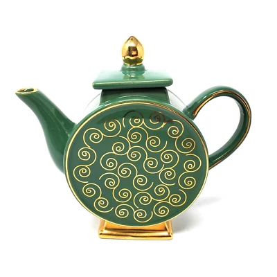 Vintage Ceramic Decorative Teapot Green w/ Gold Gilt Accents Footed 5.25"  - Image 1 of 4