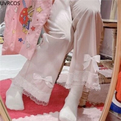 Pantalones japoneses Lolita para mujer Kawaii cintura alta pana arco encaje pierna ancha  Foto 1 de 4