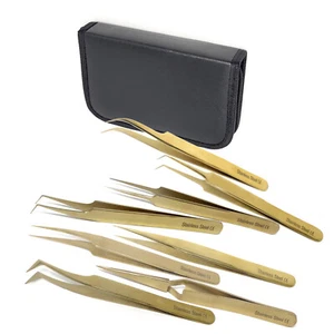 8pc Tweezers - Craft Jewelry Beauty Nail Art Hobby Picking Tool Full Gold w/Case - Picture 1 of 4