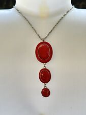 Three Drop Red Pendant Necklace On Silver Tone Chain Oval Pendants Red Beads