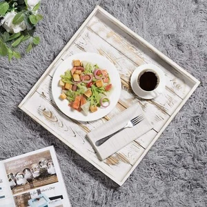 19 In Square Shabby Chic Whitewashed Wood Ottoman Serving Tray w/ Cutout Handles - Picture 1 of 7