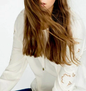  ZARA EMBROIDERED BLOUSE SHIRT TOP WITH CUT OUT TASSEL size Large NEW - Picture 1 of 10