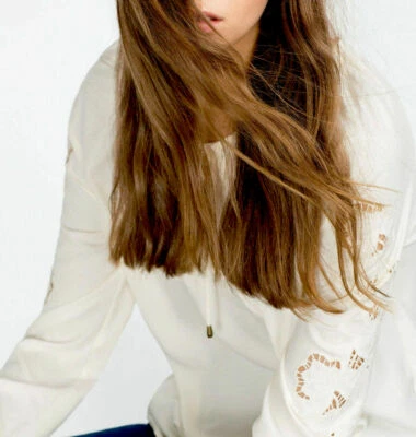  ZARA EMBROIDERED BLOUSE SHIRT TOP WITH CUT OUT TASSEL size Large NEW - Image 1 of 4