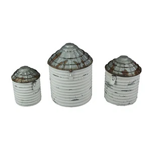 Vintage White Farmhouse Style Galvanized Decorative Tin Silo Canister Set of 3