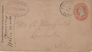 1884 2c Stamped Envelope Cover (Entire) from Champaign, IL to Lincoln, IL