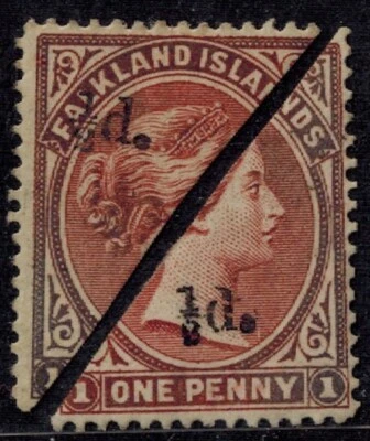Falkland Island Provisionals 1891 SG 13 1/2d en 1d Brown Claret izquierda y derecha MOG Foto 1 de 2