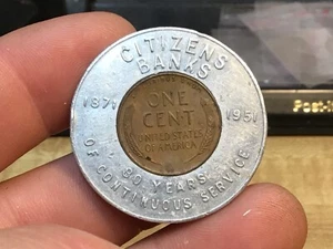 1950-S Encased Lincoln Wheat Cent Coin, Citizens Bank 1871 - 1951 Good Luck - Picture 1 of 2