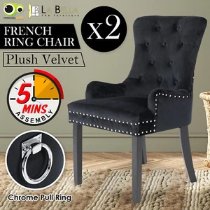 2X Dining Chair French Provincial Ring Studded Velvet Rubberwood LISSE - BLACK - Picture 1 of 12