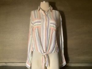 So Brand Juniors Button Up Tie LONG Sleeve Top Size XS IVORY MULTICOLOR BLOUSE 