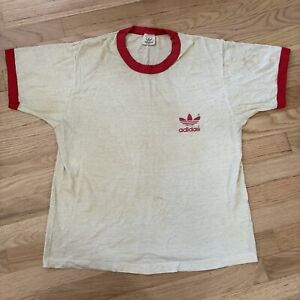 Vintage Distressed ADIDAS 1990 Red White Ringer Tee Shirt XL Made in USA 50/50