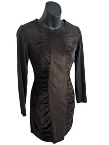 ZARA BROWN DRESS XS WOMENS LONG SLEEVE BODYCON TIGHT SOFT SUEDE STYLE COWGIRL - Picture 1 of 5