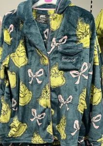 Dr Seuss The Grinch Bow Print Fleece Pyjama Shirt UK Size 4-24 2XS - 2XL - Picture 1 of 1