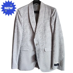 36R Dinner Jacket Silver Gray Shawl Lapel Skinny Fit Mens New Jos A Bank Paisley - Picture 1 of 24