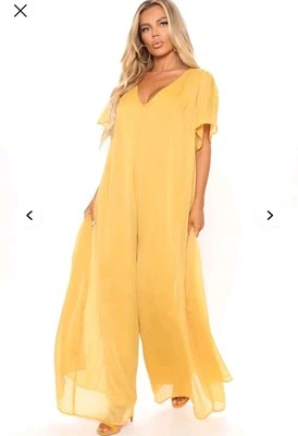 Fashion Nova Sophisticated Jumpsuit S Wide Leg Crepe Mustard Short Sleeve Boho  - Imagem 1 de 4